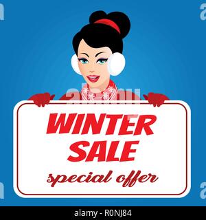 Beautiful Woman in winter clothes with Winter Sale Sign Board. Vector illustration. Stock Vector