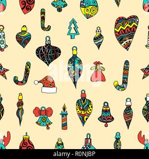 Colored Seamless pattern with christmas hand-drawn decorative elements in vector. Fancy Christmas balls. Pattern for coloring book. Made by trace from Stock Vector