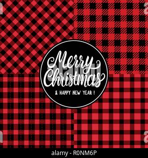 Set Seamless pattern texture. Merry Christmas white hand drawn lettering text inscription. Vector illustration Checkered black and red background. Holiday Happy New Year Stock Vector