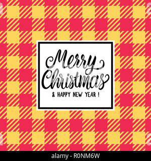 Merry Christmas Black hand drawn lettering text inscription. Vector illustration Checkered red yellow orange background. Holiday Happy New Year Greeting Design Card Stock Vector