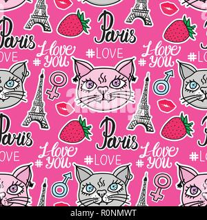 Cat love in Paris. Lettering hand drawn seamless pattern. Eiffel tower and strawberry stickers. Vector illustration isolated on a pink background. Stock Vector