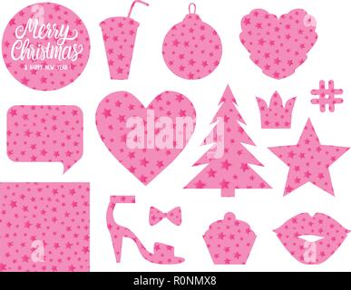 Set Merry Christmas forms Heart christmas ball tree star bubble kiss cupcake slipper. Cute design of a silhouette with abstract pink star pattern. Vector illustration isolated on white background. Stock Vector
