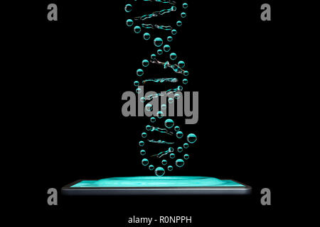 Conceptual creative 3D volumetric photo of water droplets with splashes in the form of a DNA molecule falling into a smartphone isolated Stock Photo