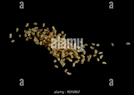 Flying pasta isolated on black background. Abstract macaroni falling. Stock Photo