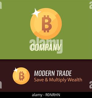 Round Coin Sign of bitcoin - Vector Golden illustration on green and dark brown backgrounds. Stock Vector