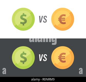 Currency pair of Euro vs Dollar - vector illustration on white and black background. Stock Vector