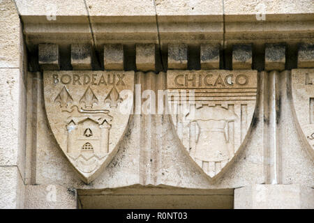 Shields carved in stone commemorate the homes cities, such as Chicago and Bordeaux, of soldiers who died in the WW1 Battle of Verdun, France. Stock Photo