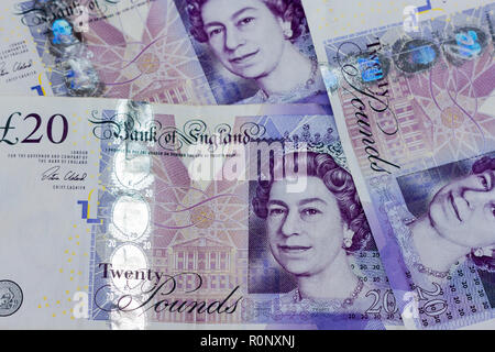 British English sterling, currency, twenty pound banknotes closeup, United Kingdom Stock Photo