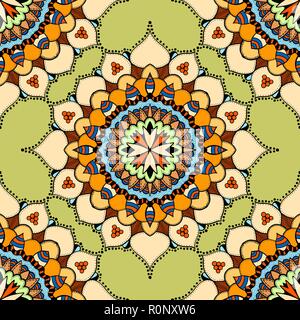 Seamless vector colorful pattern. East ornament with gold contour and colorful details on the turquoise background. Tracery of mandalas for textile. Stock Vector