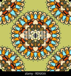 Seamless vector colorful pattern. East ornament with gold contour and colorful details on the turquoise background. Tracery of mandalas for textile. Stock Vector