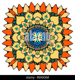 Ornate, eastern mandala with golden contour. Vector, round, colorful ornament in blue tones isolated on a white background. Stock Vector