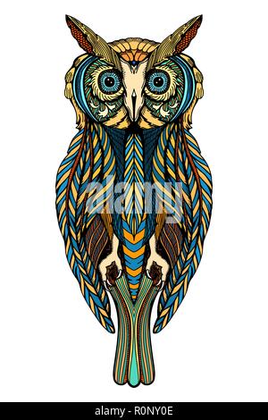 Cute decorative ornamental Owl. Doodle style. Hand drawn vector illustration. Stock Vector
