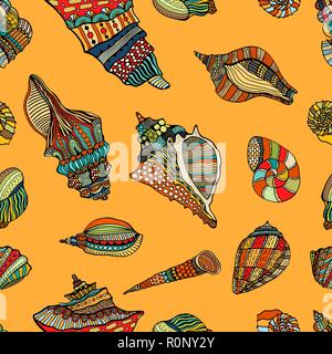 Zentangle stylized sea cockleshell seamless pattern. Hand Drawn aquatic doodle vector illustration. Sketch for tattoo or makhenda. Seashell collection Stock Vector