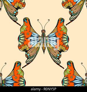 Zentangle stylized Butterfly seamless pattern for fabric. Hand Drawn vector illustration. Insect collection. Stock Vector