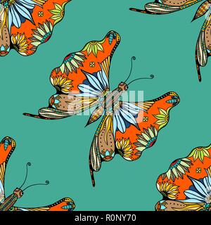 Zentangle stylized Butterfly seamless pattern for fabric. Hand Drawn vector illustration. Insect collection. Stock Vector