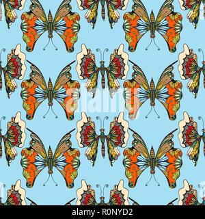 Zentangle stylized Butterfly seamless pattern for fabric. Hand Drawn vector illustration. Insect collection. Stock Vector