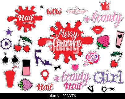 Big Set Fashion Girly sign illustrations. Merry Christmas. Vector collection trendy color hand drawn isolated on white background. Beauty, Nail Beauty, makeup, accessories studio icon. Stock Vector