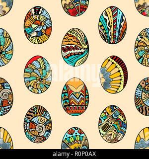 Seamless pattern with Easter eggs. Easter hand-drawn decorative elements in vector.  Made by trace from sketch. Zentangle Stock Vector
