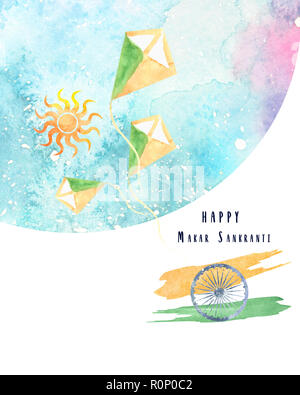 watercolor image for Makar Sankranti celebration in India with flag and kites in the sky Stock Photo