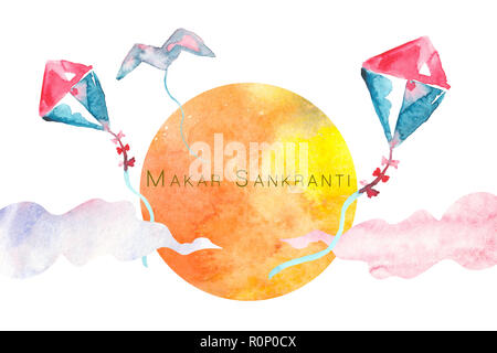 watercolor kites flying in the sky with sun and clouds as celebration of Makar Sankranti holiday Stock Photo