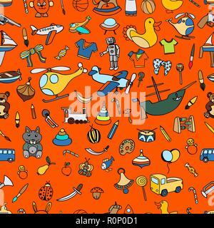 Seamlesbackground of Funny baby toys set. Vector doodle collection of hand drawn icons for baby shower or scrapbook Stock Vector