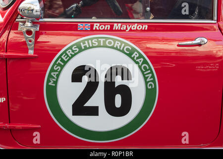 Ron Maydon Austin Mini Cooper of Masters Historic Racing, showing at the Illinois Route 66 Motor Show on  3rd November 2018, Regent Street London, UK. Stock Photo