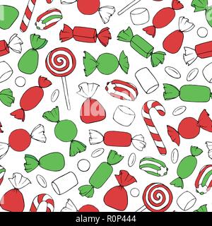 Hand drawn vector candy pattern on the white background. Holiday decorations in red and green colors. Stock Vector