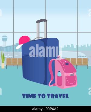 Airport waiting hall with suitcase and backpack in the foreground. Terminal interior, panoramic window, planes and control tower outside. Time to trav Stock Vector