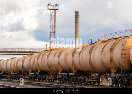 Set of tanks with oil and fuel transport by rail Stock Photo