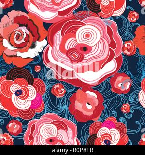 Multi-colored summer pattern different roses on a dark background Stock Vector