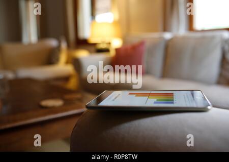 iPad lying on sofa arm Stock Photo