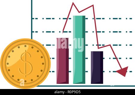 statistical graphics in bars with arrow down and coin vector illustration design Stock Vector