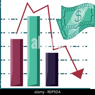 statistical graphics in bars with arrow down and bills dollar vector illustration design Stock Vector