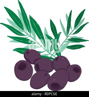 Vector painterly set with black olives and green branch; editable, scalable illustration, isolated on a white background. Use it for recipes, restaura Stock Vector