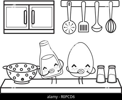 kitchen cute cartoons utensils black and white in black and white Stock Vector