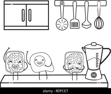 kitchen cute cartoons utensils black and white in black and white Stock Vector