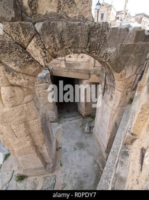 Remains of Roman amphitheatre in Piazza Sant'Oronzo, in the centre of the historic city of Lecce, Puglia, Southern Italy. Stock Photo