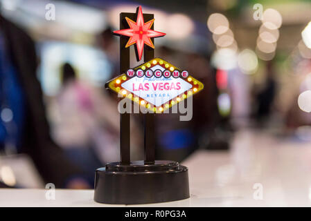 London, UK, 06th November 2018. A miniature version of the iconic Las Vegas sign decorates a USA stand on the penultimate day of the World Travel Market at Excel London.   The three day trade show is the leading global event for the travel industry. Credit: Stephen Chung / Alamy Live News Stock Photo