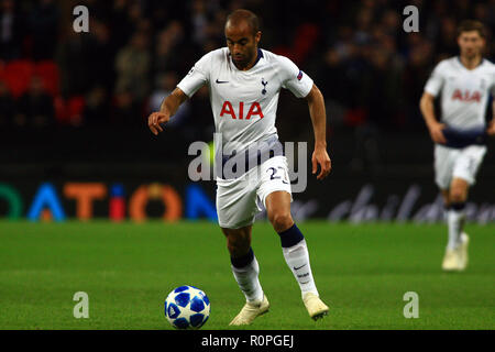 Wembley Stadium, London, UK. 6th November, 2018. Lucas Moura of Tottenham Hotspur in action. UEFA Champions league match, group B, Tottenham Hotspur v PSV Eindhoven at Wembley Stadium in London on Tuesday 6th November 2018.  this image may only be used for Editorial purposes. Editorial use only, license required for commercial use. No use in betting, games or a single club/league/player publications . pic by Steffan Bowen/Andrew Orchard sports photography/Alamy Live news