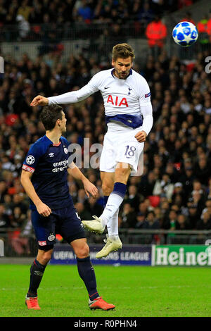 Wembley Stadium, London, UK. 6th November, 2018. Fernando Llorente of Tottenham Hotspur (R) heads  at goal. UEFA Champions league match, group B, Tottenham Hotspur v PSV Eindhoven at Wembley Stadium in London on Tuesday 6th November 2018.  this image may only be used for Editorial purposes. Editorial use only, license required for commercial use. No use in betting, games or a single club/league/player publications . pic by Steffan Bowen/Andrew Orchard sports photography/Alamy Live news