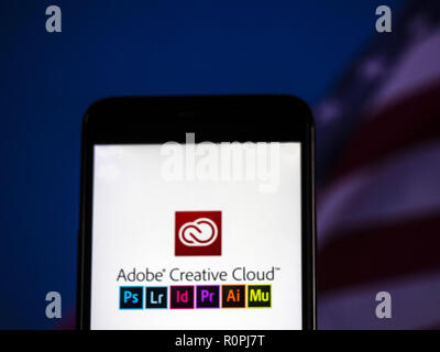 Kiev, Ukraine. 6th Nov, 2018. Adobe Creative Cloud logo seen displayed on smart phone. Adobe Creative Cloud is a set of applications and services from Adobe Systems that gives subscribers access to a collection of software used for graphic design, video editing, web development, photography, along with a set of mobile applications and also some optional cloud services. Credit: Igor Golovniov/SOPA Images/ZUMA Wire/Alamy Live News Stock Photo