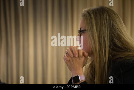 Leesburg, Virginia, USA. 06th November, 2018. Virginia Democratic congressional candidate Jennifer Wexton watches results come in, Tuesday, Nov. 6, 2018 in Dulles, Va. at the Washington Dulles Airport Marriott. (Photo by Douglas Graham/Loudoun Now) Credit: William Graham/Alamy Live News Stock Photo