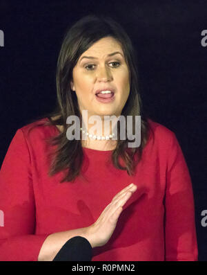 Election Night. 6th Nov, 2018. White House Press Secretary Sarah Huckabee Sanders meets reporters on the driveway outside the White House in Washington, DC on Tuesday, November 6, 2018. Sanders answered questions about the election results so far on election night. Credit: Ron Sachs/CNP | usage worldwide Credit: dpa/Alamy Live News Stock Photo