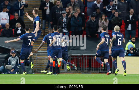 London, UK. 6th Nov, 2018. Eindhoven's players celebrate their opening goal during the UEFA Champions League match between Tottenham Hotspur and PSV Eindhoven in London, Britain on Nov. 6, 2018. Tottenham Hotspur won 2-1. Credit: Han Yan/Xinhua/Alamy Live News Stock Photo