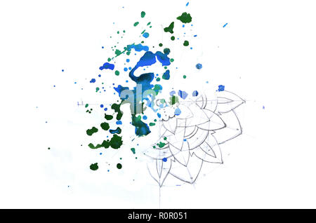 An abstract background watercolor illustration depicting an unfinished mandala filled with a random stream of dark blue watercolor spots . Stock Photo