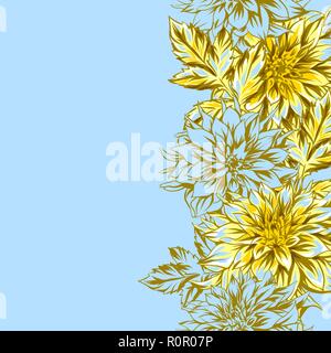 Seamless pattern with fluffy yellow dahlias. Beautiful decorative flowers, leaves and buds. Stock Vector