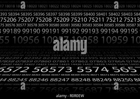 Abstract background image of black space from a set of rows of five-digit white numbers of different sizes. The concept of brute force for cracking pa Stock Photo
