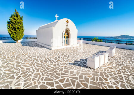 Wedding chapel with sea view on the hill near Faliraki (Rhodes, Greece) Stock Photo