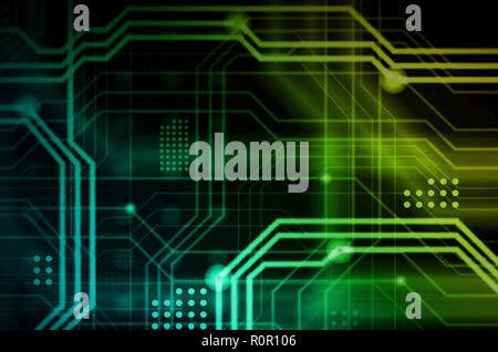 An abstract technological background consisting of a multitude of luminous guiding lines and dots forming a kind of physical motherboard. Yellow and g Stock Photo