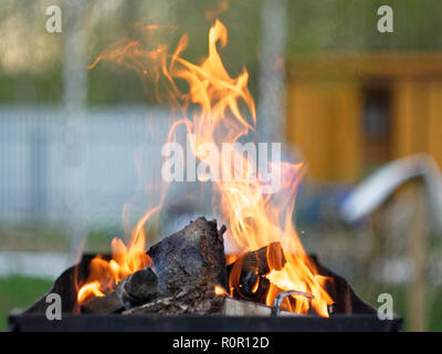 fire burns on wood in the grill, Russia Stock Photo